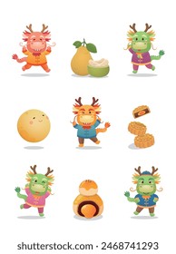 A set of vector illustration materials for the Mid-Autumn Festival, the mascot of the dragon, pomelo and Chinese meringue dessert