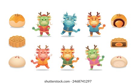A set of vector illustration materials for Mid-Autumn Festival, dragon mascot and traditional Chinese food, pastry desserts