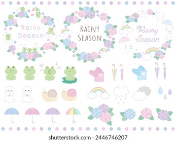 A set of vector illustration materials such as rainy season frames and cute hydrangeas and frogs. June, rain, Teru Teru Bouzu