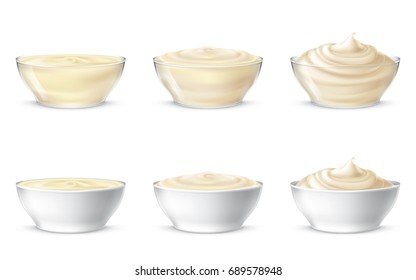 Set vector illustration of mayonnaise, sour cream, sauce, yogurt, cosmetic product for face and body, swirling in a transparent and white bowl, in realistic style, isolated. Print, template