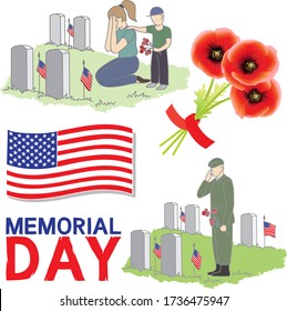 Set of vector illustration for memorial day. Image of a soldier, woman, child near the monument to fallen soldiers.