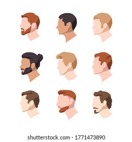 Set vector illustration of men's heads in profile of european nationality in a flat style on a white background.