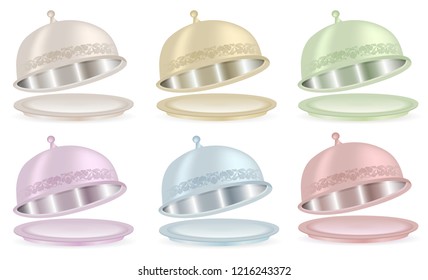 Set of vector illustration metal dish with a lid in six colors. Restaurant cloche with open lid. Tray with a dome with ornament. Template for dishes on the menu restaurant, bar, сafe, icon.