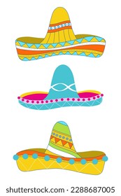 Set of vector illustration: Mexican and Spanish tradition hat sombrero. Festive isolated objects for national holiday and events decoration 