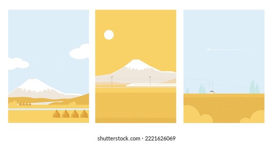 set of Vector illustration minimal landscape of summer in Japan countryside farmhouse with with MT Fuji and yellow rice field with haystack.Concept of minimal landscape.