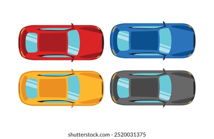 Set of vector illustration of modern car in cartoon flat style. Simple picture of land vehicle transportation. Familiy car up view. Modern technology automobile. Colorful exterior body car