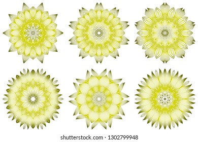 Set of Vector Illustration. Modern Decorative Floral Mandala. Hand Drawn Background. Islam, Arabic, Indian, Ottoman Motifs. Green olive color.