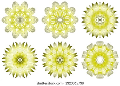 Set of Vector Illustration. Modern Decorative Floral Mandala. Hand Drawn Background. Islam, Arabic, Indian, Ottoman Motifs. Green olive color.