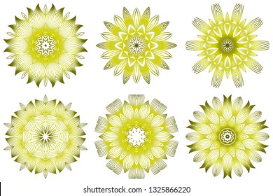 Set of Vector Illustration. Modern Decorative Floral Mandala. Hand Drawn Background. Islam, Arabic, Indian, Ottoman Motifs. Green olive color.