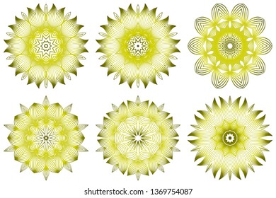 Set of Vector Illustration. Modern Decorative Floral Mandala. Hand Drawn Background. Islam, Arabic, Indian, Ottoman Motifs. Green olive color.
