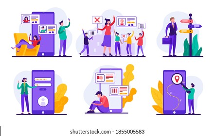 Conjunto de ilustraciones vectoriales de hombres y mujeres modernos navegando por smartphones o protestando y buscando ruta en la vida real