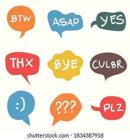 
set of vector illustration of most common expression and abbreviations on flat design speech bubbles