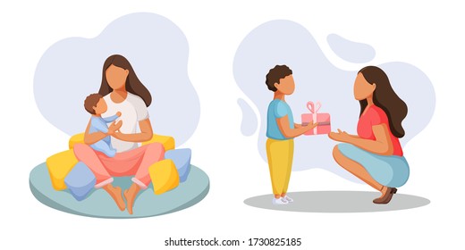 Conjunto de ilustraciones vectoriales con la madre y su hijo. Feliz día de la madre. Elementos de diseño para tarjeta, afiche, banner.