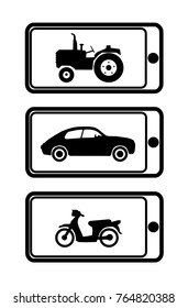 A set of vector illustration of motorised vehicles in smartphone frames. 