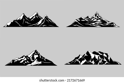 eingelegte Vektorgrafik von Bergelementen, isolierten Silhouettenelementen auf reifem, weißem Hintergrund, Outdoor-Ikonen, Schneeeisgipfeln und dekorativen, isolierten Camping-Trip-Klettern oder Wandern.