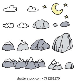 Set of vector illustration of mountain and sky. Isolated outline hand drawn cartoon cloud, stone, rock, moon. Drawing for print, fabric