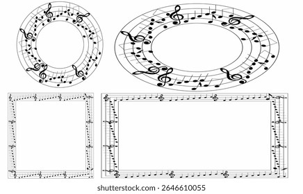 definir ilustração vetorial de quadros com temas de música. circular, redondo, oval e retangular, decorado com notas musicais, clfos e quadros. Ideal para texto, design, cartazes, convites e arte de álbuns.