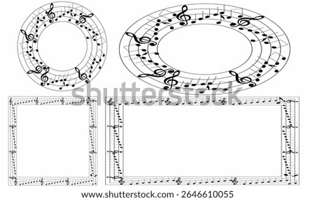 set vector illustration of  music themed frames. circular,round, oval, and rectangular, decorated with musical notes, clefs, and staffs. Ideal for text, design,posters, invites, and album art.
