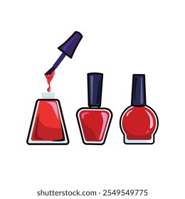 Definir ilustração vetorial de garrafas de esmalte de unha, cores vermelhas. Laca ou gel de unha, cosméticos de beleza para manicure