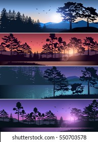 Set vector illustration of nature background header title website. Mountains lake landscape silhouette tree sky red sunset sunrise river. Banner image picture backdrop. Corporate business style