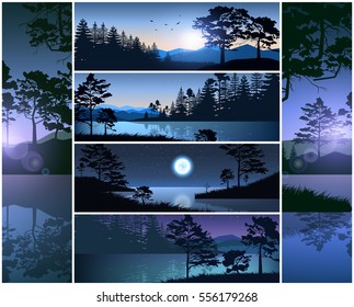 Set vector illustration nature background header title website. Mountains lake landscape silhouette tree blue sky river. Banner footer horizontal vertical site image backdrop. Corporate business style