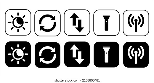 Set Vector Illustration, Night Shift, Data Usage, sync and flashlight Icons in Light and Dark Mode