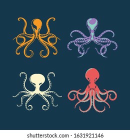 Set of Vector Illustration Octopus. Seafood Sea Animal Squid with Tentacles