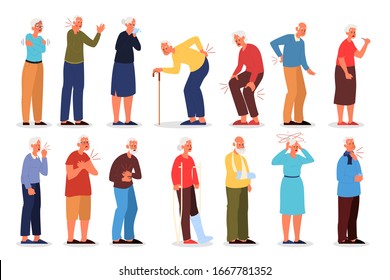 Set of vector illustration of old people with physical injury. Isolated cartoon style collection with different kinds of ache in the human body. Elderly character having a painful damage, trauma.