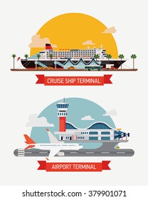 Set of vector illustration on airway and seaway travel. Vacation journey types. Cruise ship terminal port, airport terminal. Travel facilities, voyage options, jet plane, cruise liner