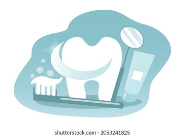 conjunto de ilustraciones vectoriales sobre el tema de odontología, cuidado dental. gran diente, espejo dental, cepillo de dientes y pasta dental, ilustración de tendencia en estilo plano.