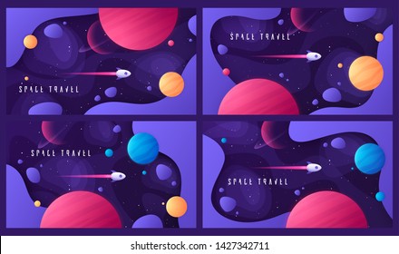 Set of vector illustration on the topic of outer space, interstellar travels, universe and distant galaxies.