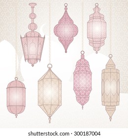 Set with vector illustration of oriental lanterns