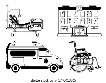 車いす 救急車 ベッドトランス 病院の輪郭を描いたベクターイラスト ウェブサイトのデザイン ロゴ アプリ Ui用のスタイル化された図面 白い背景に分離型イラスト のベクター画像素材 ロイヤリティフリー