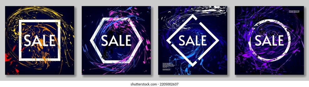 Conjunto de ilustraciones vectoriales. Pintar salpicadura. Carteles de venta. Elementos de diseño para afiche, portada, revista, titular. Conjunto de marcos. 