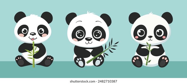 Set of vector illustration of panda bear holding a bamboo shoot with a simple smile on a light blue background