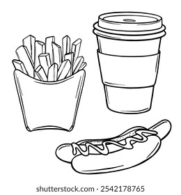 Set Vector illustration of Paper Coffee Cup, French fries and Hot dog sketch. Hand drawn Street Fast Food outline. Menu design template in Black and White style. Decoration for menus, showcases