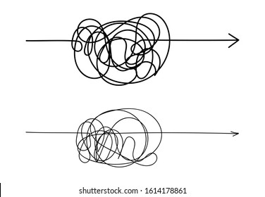 Set of vector illustration, pass the way linear arrow with tangle knot in center. Symbol of difficult way with messy knot