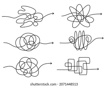 Set of vector illustration, pass the way linear arrow with tangle knot in center. Symbol of difficult way with messy knot. Knot arrow line. Doodle chaos mindset, mess concept. 