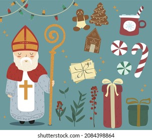 Set vector illustration pattern and set with green leaves, Ilex, cacao, letter, gingerbread cookies, gift and St. Nicholas. Dutch holiday Sinterklaas green background.