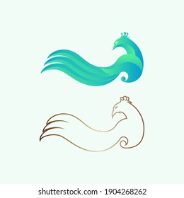 un conjunto de ilustración vectorial de pavo real en verde degradado azul y contorno dorado en forma de icono, símbolo o logotipo. plantilla de logotipo de pavo real. logotipo de pavo real de lujo