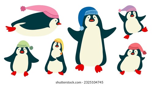 Set of vector illustration penguins flat design.