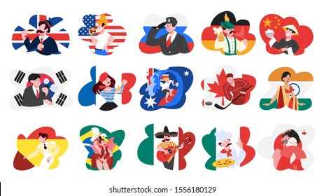 Set of vector illustration of people from different countries in national clothes. Representation of nationality and culture. Vector illustration in flat style