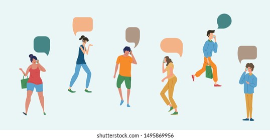 set of vector illustration of people using phone while walking