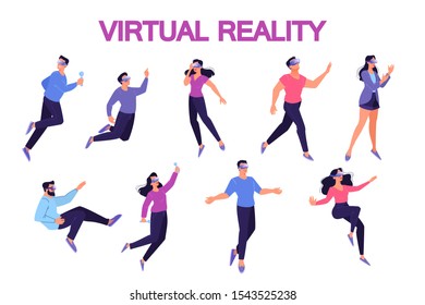 Set of vector illustration of people using a glasses of virtual reality. Concept of vr technology for education and game simulation. Futurisic way of entertainment.