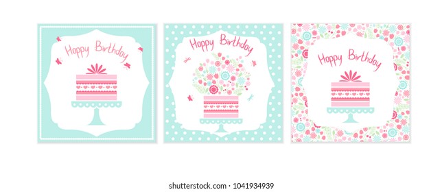 Set of Vector Illustration. Perfect for Birthday cards, banners, posters, templates with cute cake, floral background, vintage frame, butterflies. Brings good mood.