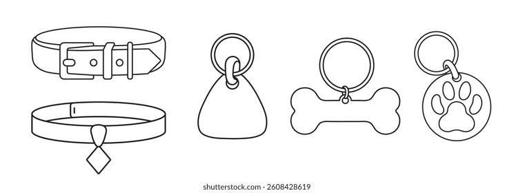 Set vector illustration of pet medallion and collar, simple linear icons, doodle and sketch style, hand-drawn, isolated on a white background