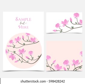 Set vector illustration pink flowers on the card. Pink spring magnolia flowers branch