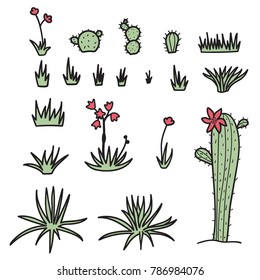 Set of vector illustration of plants in desert. Isolated outline hand drawn cartoon flowers, grass, yucca, cactus. Drawing for print, fabric