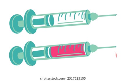 Conjunto de Ilustración vectorial de una jeringa médica de plástico con una aguja abierta. Jeringa con y sin inyección para el concepto de medicina y atención médica, aislado sobre un fondo blanco. Rosa, azul