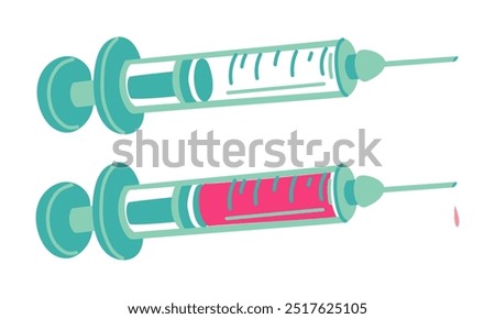 set of vector illustration of a plastic medical syringe with an open needle. Syringe with and without injection for the concept of medicine and healthcare, isolated on a white background. Pink, blue